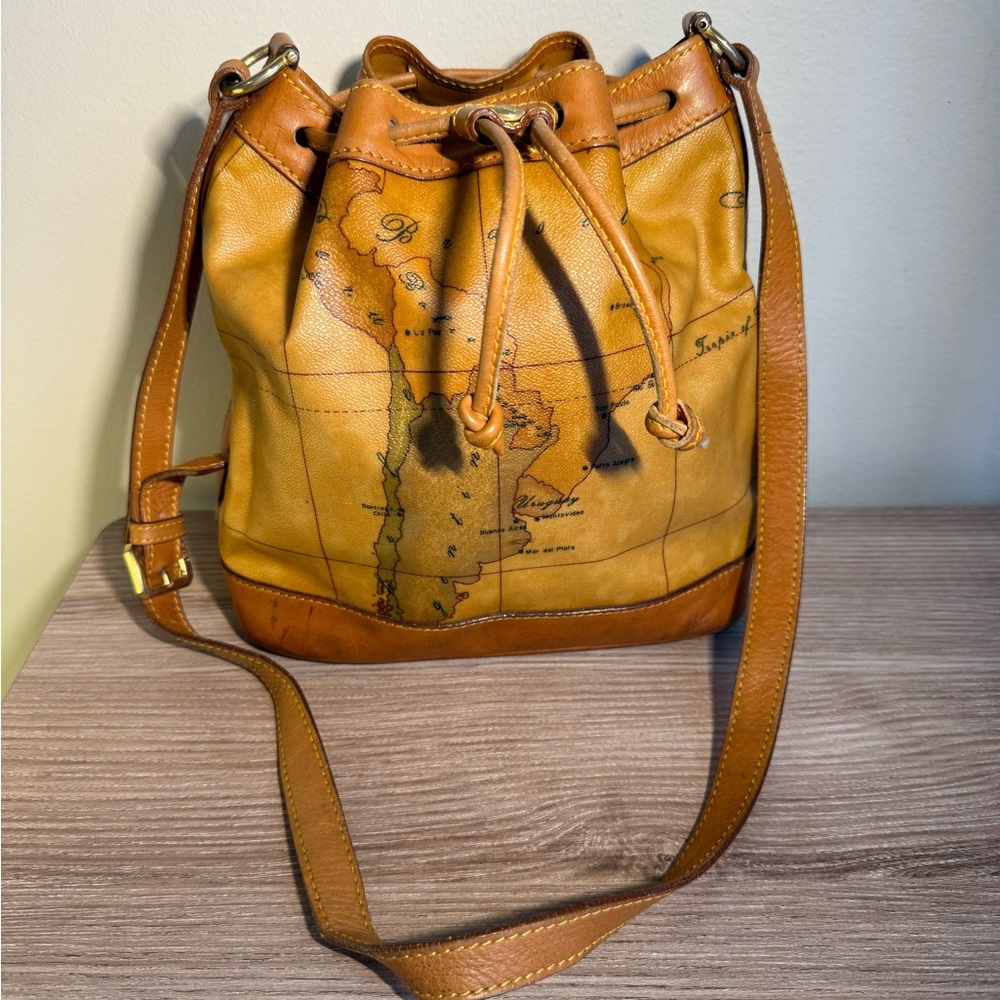 Vintage ALVIELO MARTINI 1A Classe Map Print Leather Bucket Bag